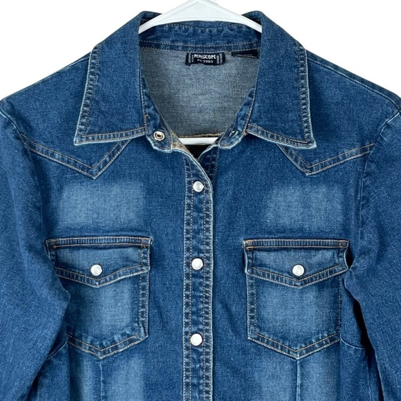 Periscope PS 3983 Women’s Western Style Stretch Denim Shirt w/ Pearl Snaps Sz Lg - Picture 3 of 9